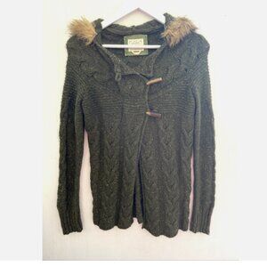 OLD NAVY Green Cable Knit Hooded Cardigan Sweater Fur Trim Wool, Angora Blend S